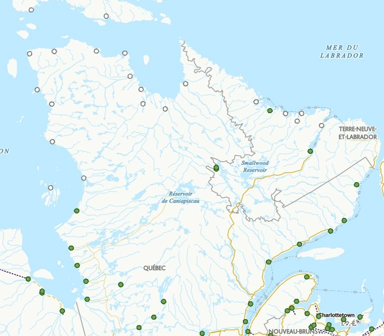 Carte des zones d'intervention de Camitech dans le Grand Nord et les régions éloignées du Québec